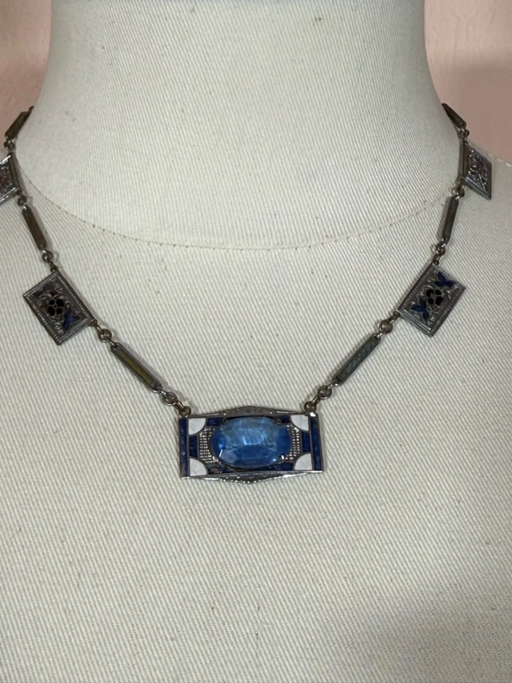 Antique Art Deco 1920 Blue Checho Glass Guilloche enamel choker Necklace - Picture 16 of 17